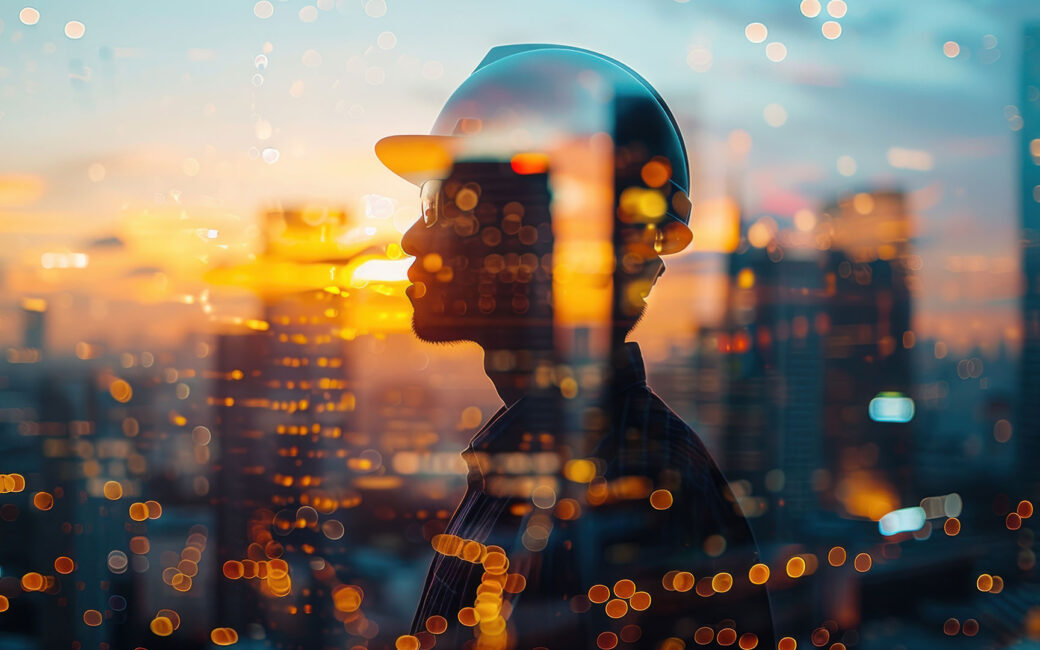 reflection of a worker with a hard hat at sunset