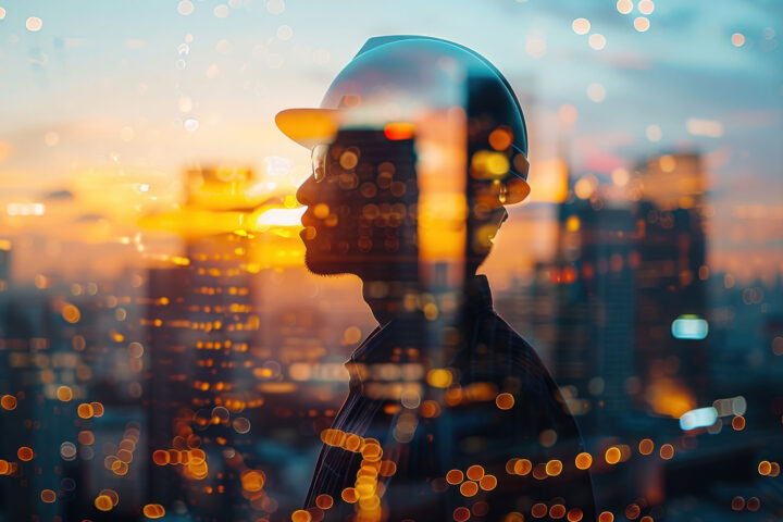 reflection of a worker with a hard hat at sunset