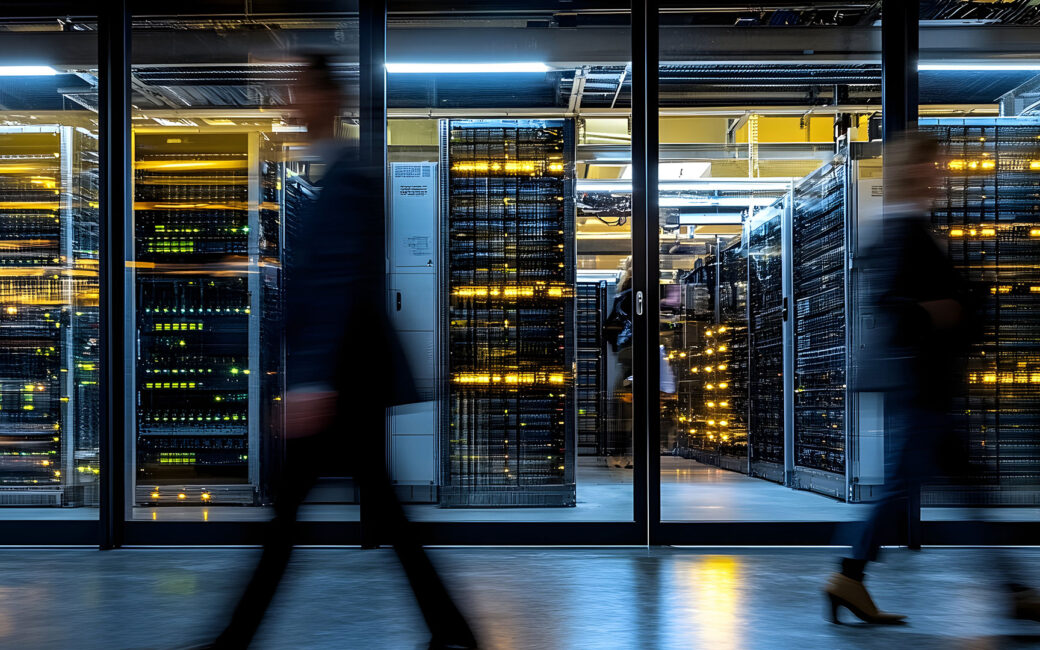 Blurred workers walking through a data center.