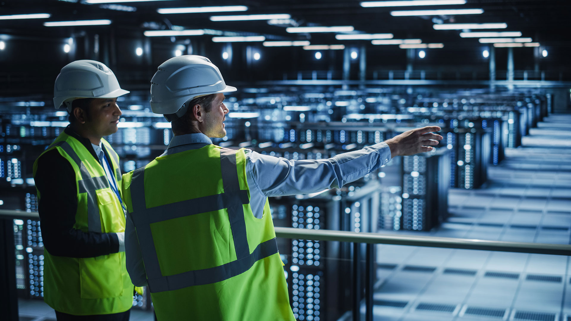 Two employees overlooking server room
