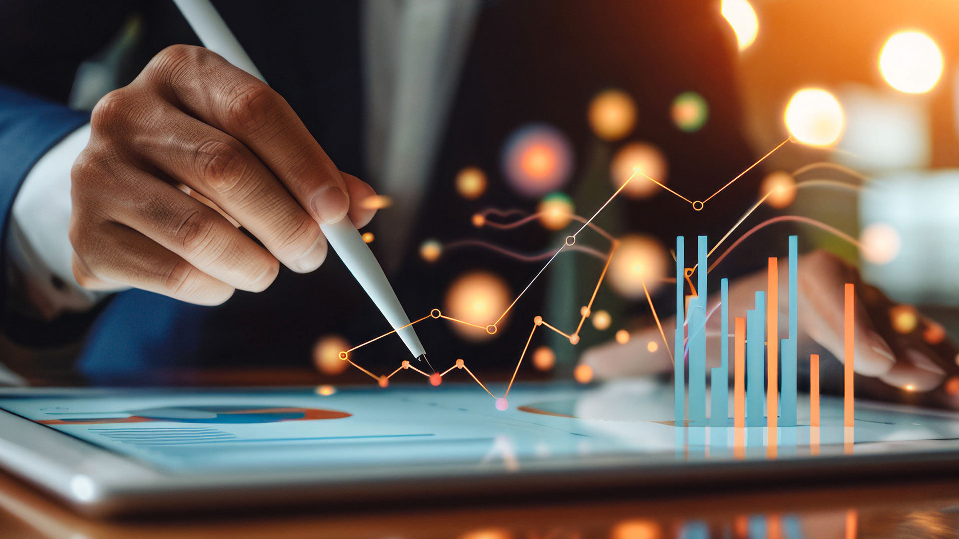 Man using a tablet with graph effects