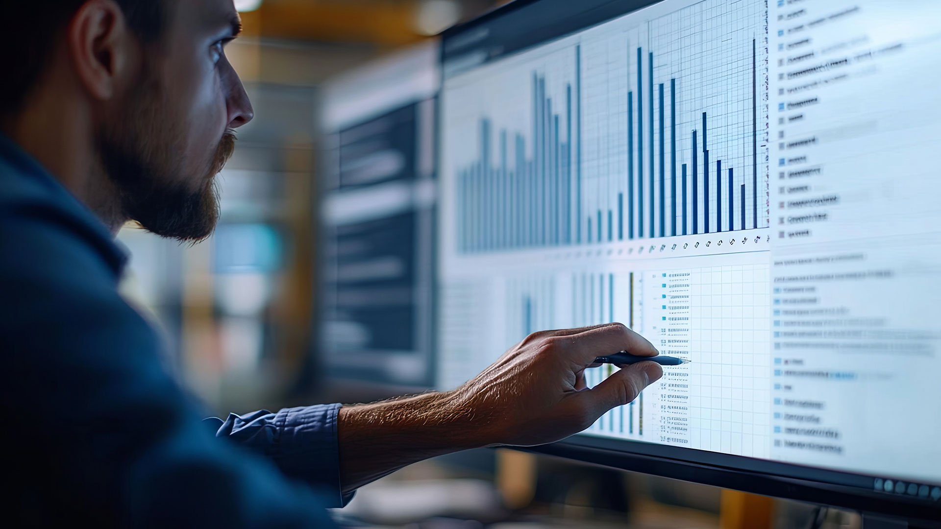 Man looking over charts and graphs on a large monitor.