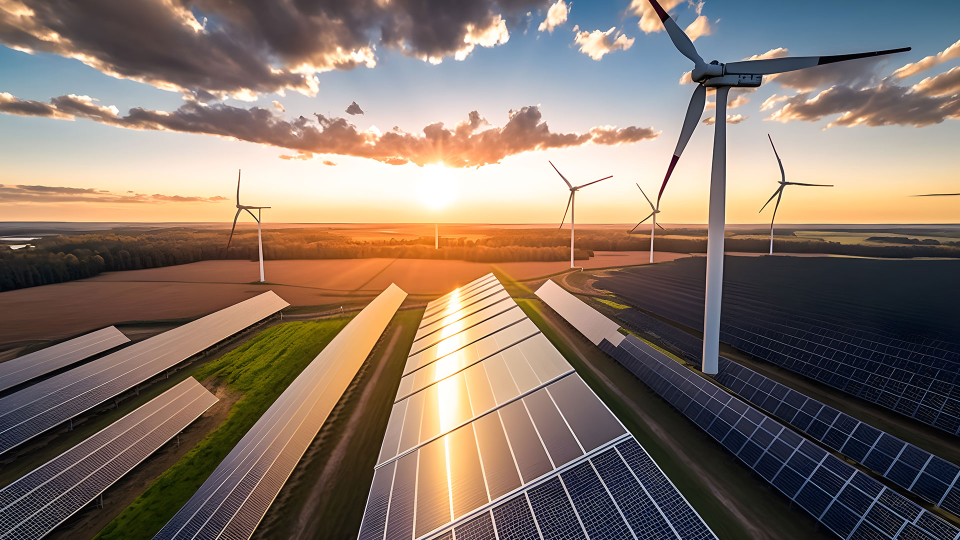 Solar panels and windmills at sunrise