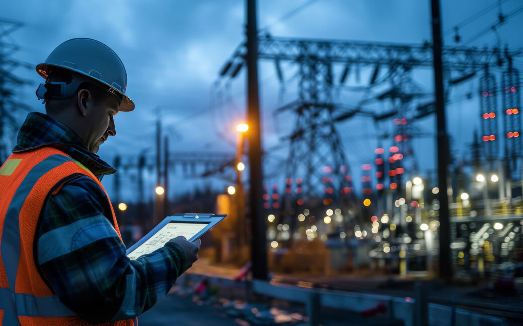 Worker looking at iPad at a substation