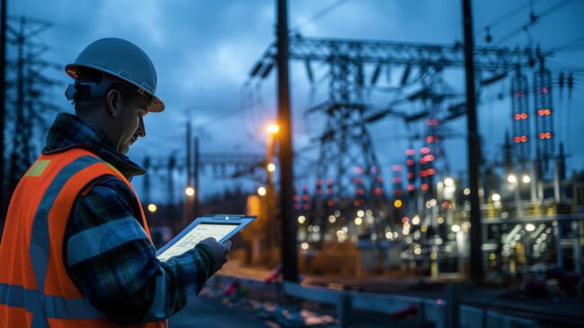 Worker looking at iPad at a substation