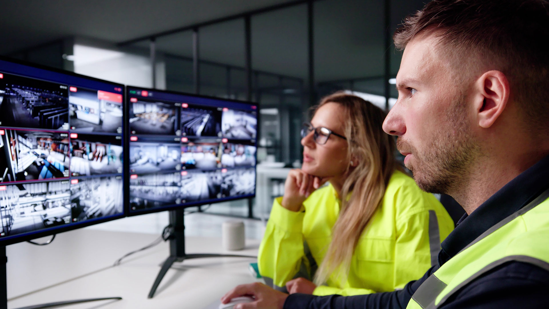 Two workers monitoring video feeds.