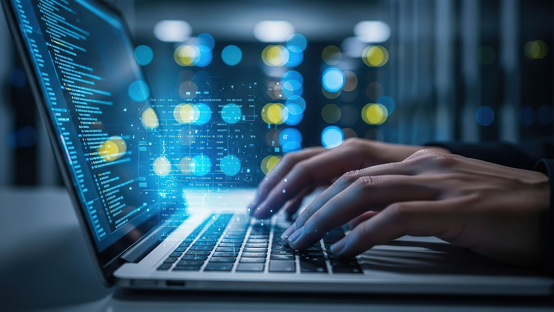 Laptop with tech graphic overlay