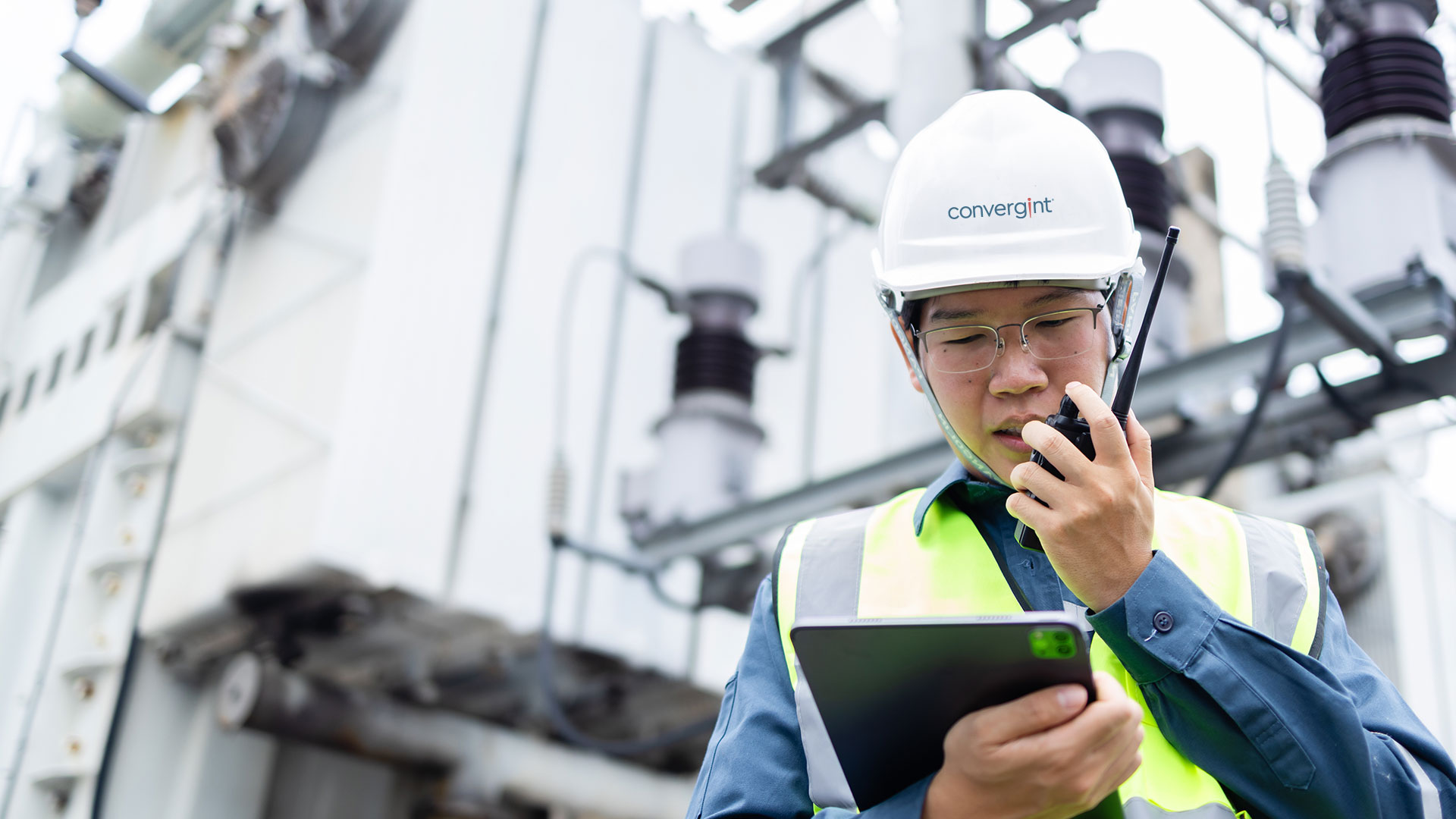 Convergint employee on talkie