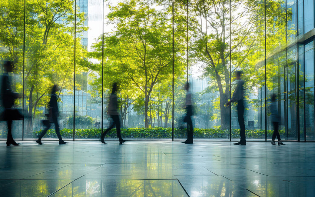 blurred people walking through a foyer.
