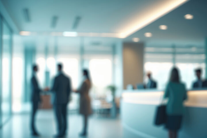 Office hall of a bank with people and blurred waiting area in the lobby
