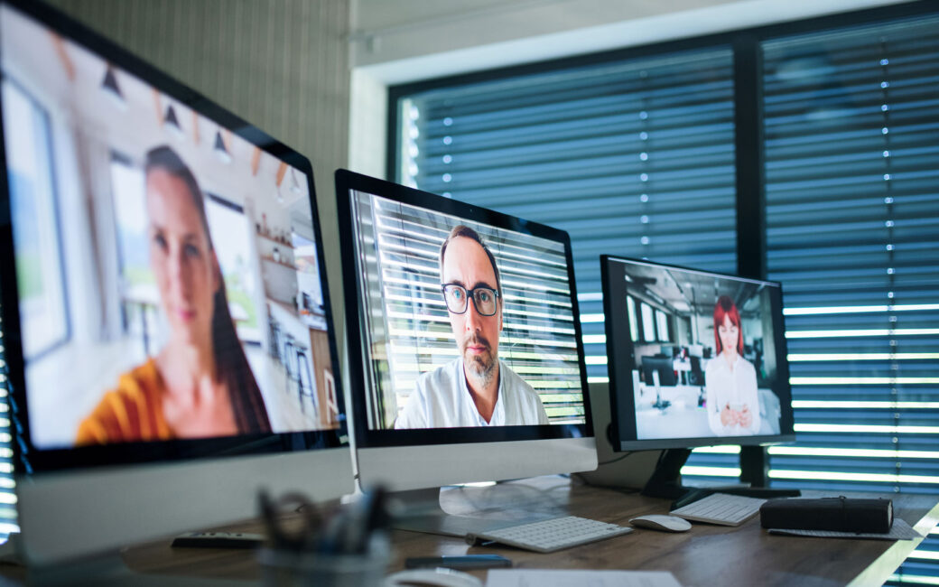 Desk With Computers In Office Interior, Business Call Concept.