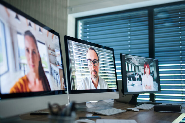 Desk With Computers In Office Interior, Business Call Concept.