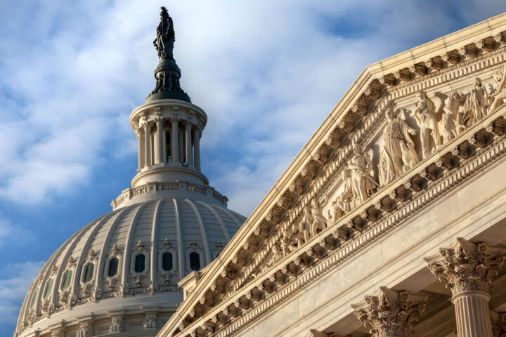 U.S. Capitol closeup of base relief and dome with Liberty statue